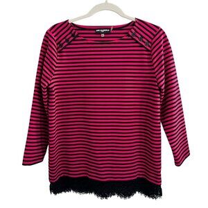 Karl Lagerfeld Paris Magenta Pink Black Stripe Shirt Nautical Boat Neck Size S